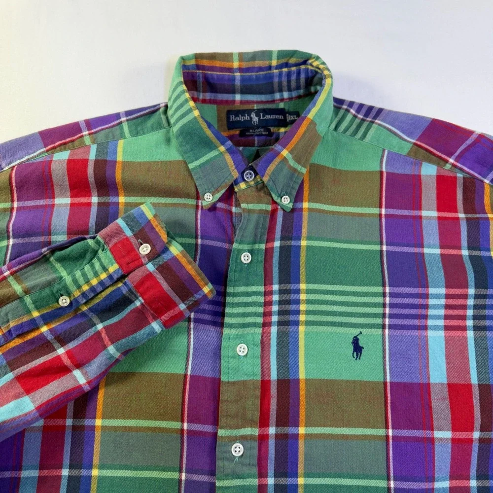 Polo Ralph Lauren Blake Mens XL Plaid Button Down Shirt Green Purple Multi Color